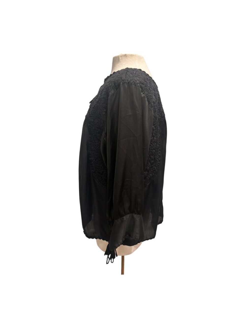 Sister Mary Black Embroidered Boho Peasant Blouse Tassel Tie Long Sleeve Size M - Picture 3 of 7